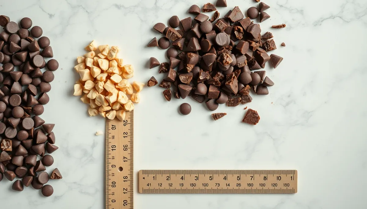 Comparaison de la taille des pépites de chocolat et du chocolat haché sur un plan de travail