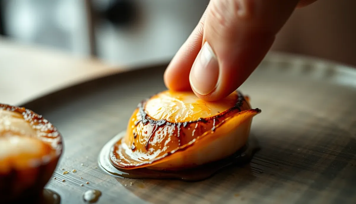 Test de cuisson d'une noix de Saint-Jacques en appuyant doucement avec le doigt