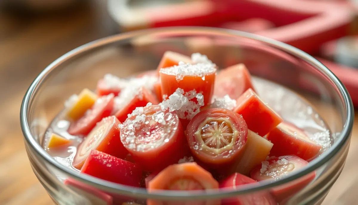 Rhubarbe en macération avec du sucre dans un bol en verre
