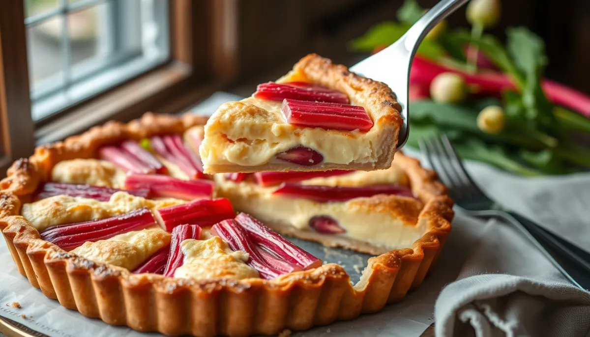 Tarte à la rhubarbe dorée avec une part en train d'être servie