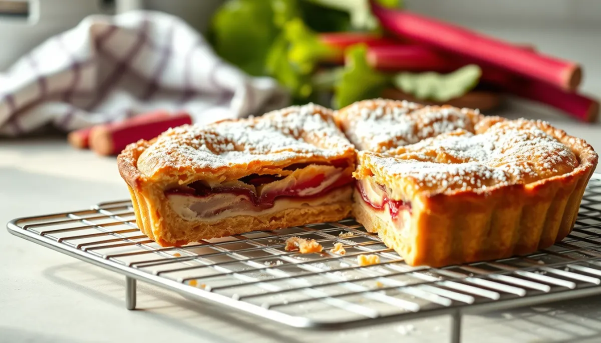 Tarte à la rhubarbe refroidissant sur une grille