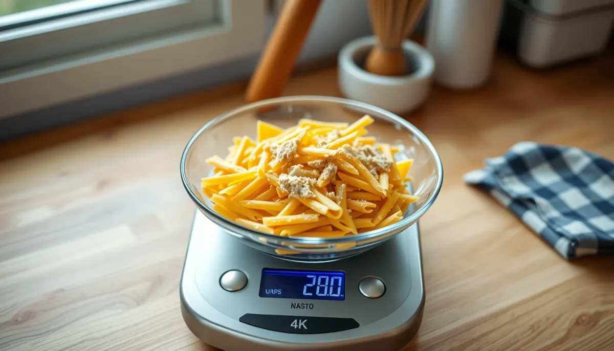 Balance de cuisine avec un bol de pâtes sèches en train d'être pesé
