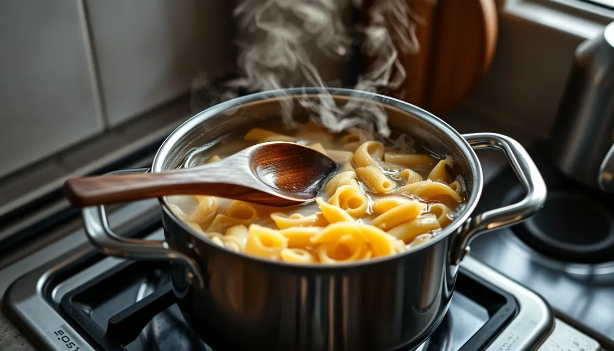Casserole de pâtes en train de cuire sur une cuisinière avec de la vapeur qui s'en dégage