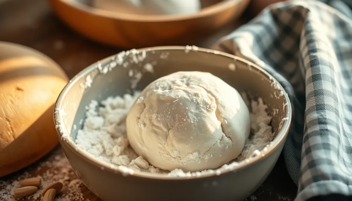 Boule de pâte à pizza en train de reposer dans un bol fariné