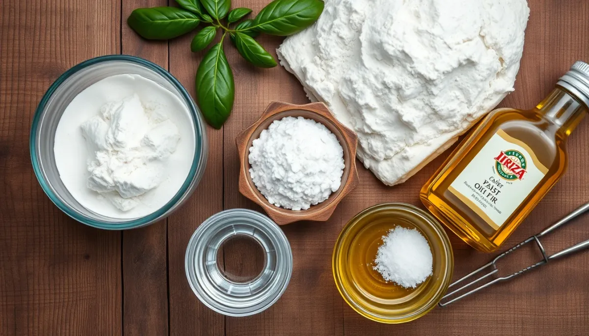 Ingrédients pour pâte à pizza : farine, eau, levure, sel et huile d'olive