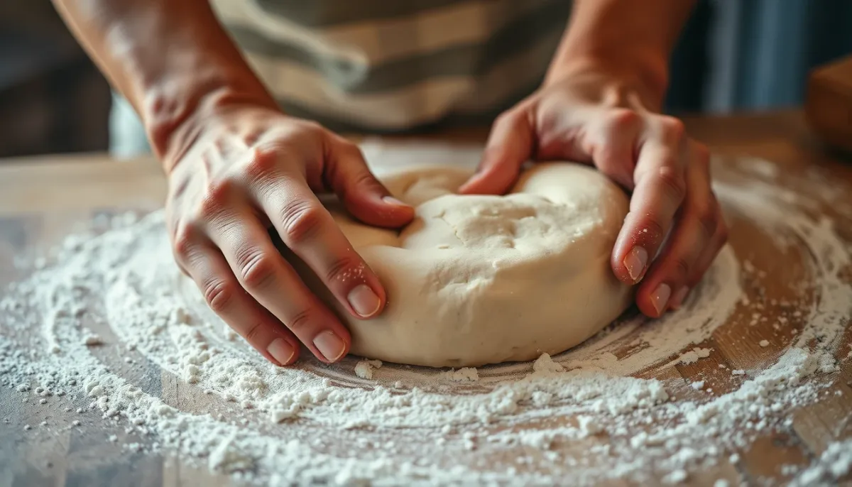 Mains pétrissant la pâte à pizza sur un plan de travail fariné