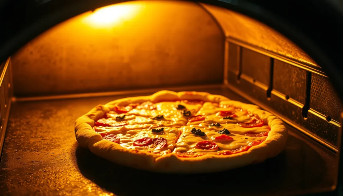 Pizza en train de cuire sur une pierre à pizza dans un four chaud