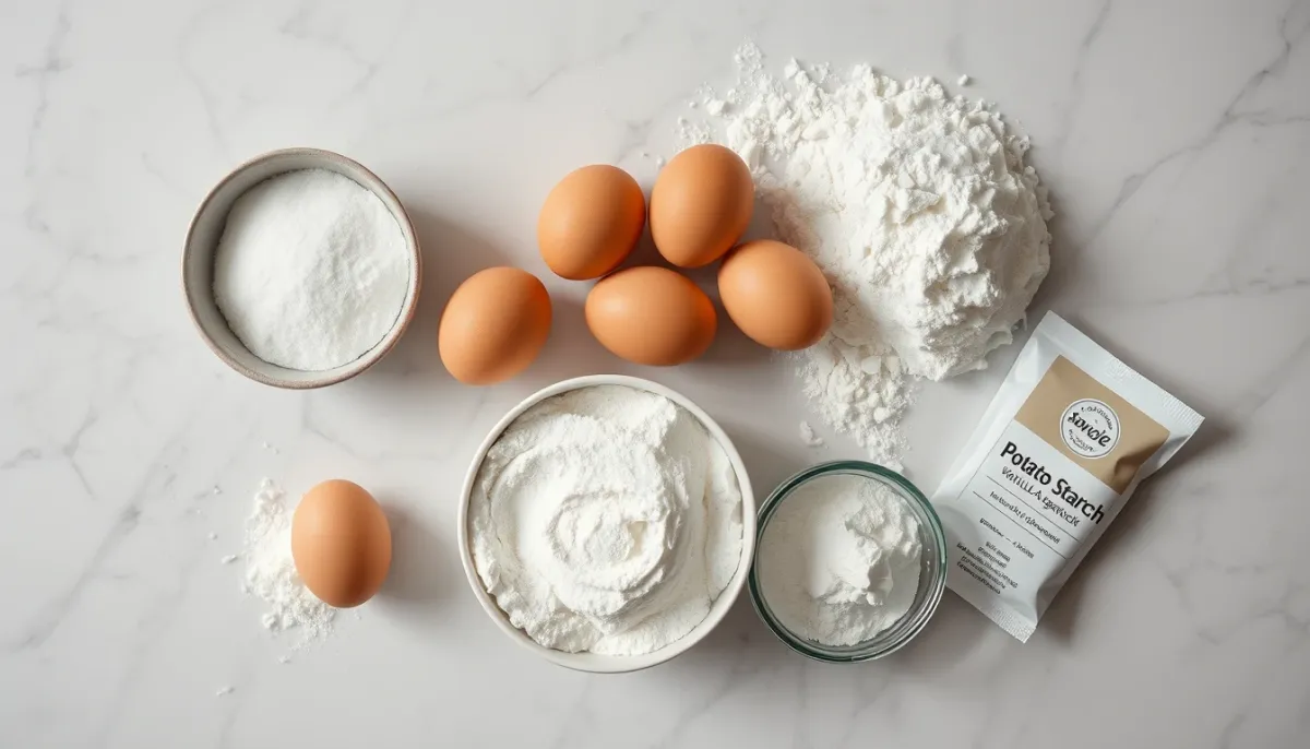 Ingrédients pour gâteau de Savoie : œufs, sucre, farine, fécule et sucre vanillé