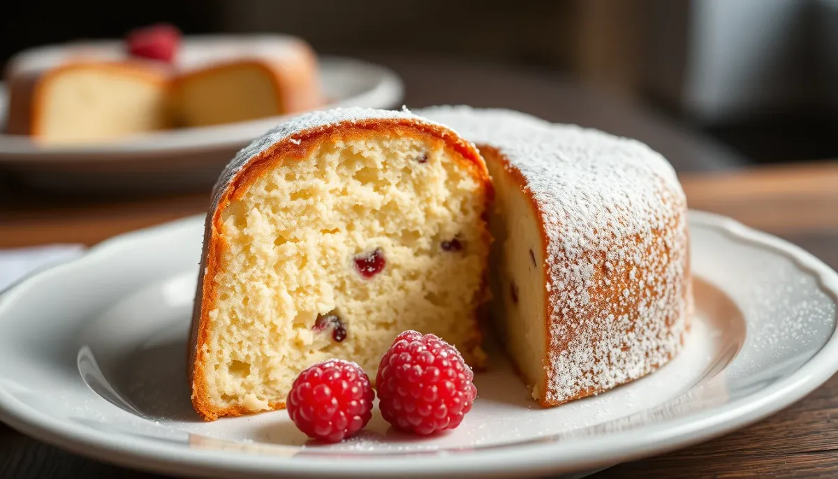 Tranche de gâteau de Savoie moelleuse et aérienne servie avec des fruits rouges