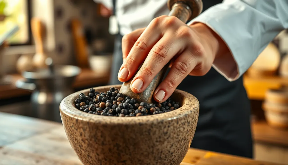 Concassage des grains de poivre au mortier