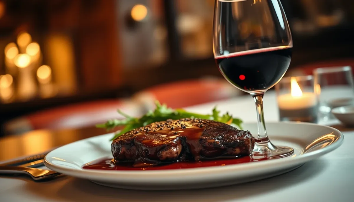 Verre de vin rouge accompagnant un steak sauce au poivre