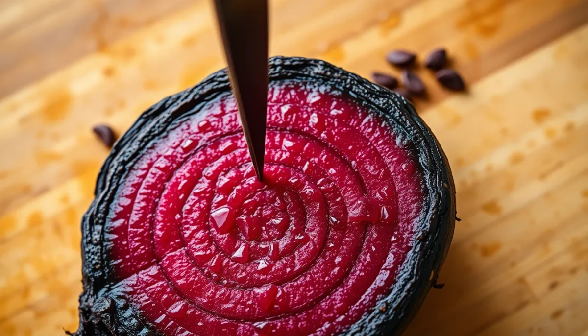 Test de cuisson d'une betterave rouge avec la pointe d'un couteau