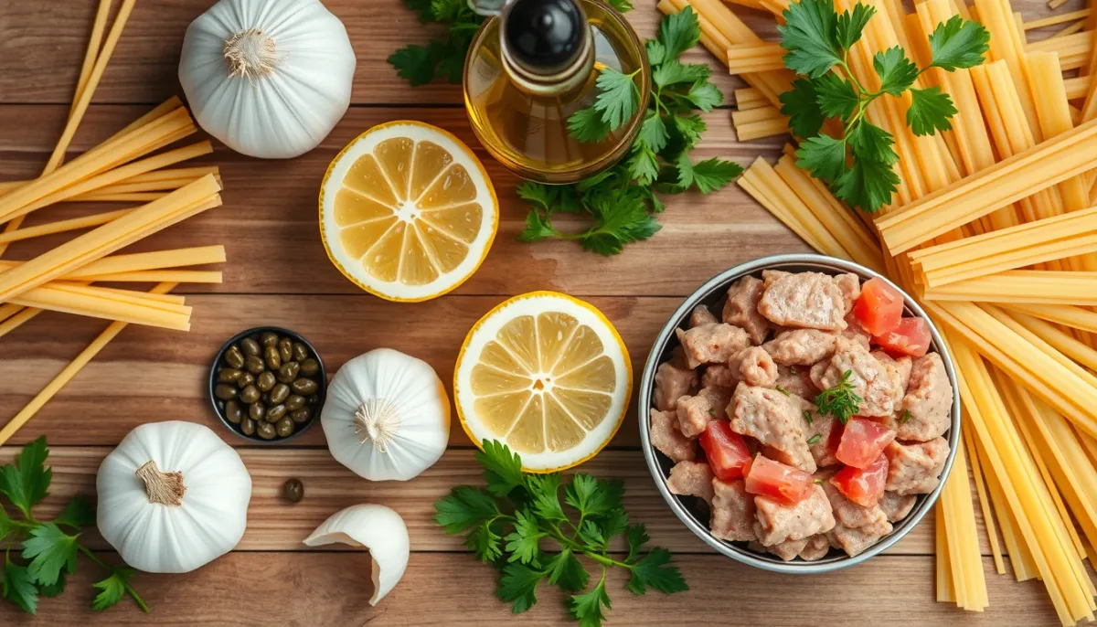 Ingrédients pour pâtes au thon : pâtes, thon, ail, huile d'olive, citron, câpres et persil