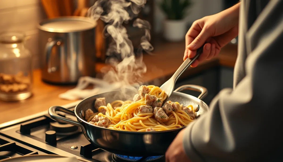 Préparation des pâtes au thon : mélange de la sauce dans une poêle
