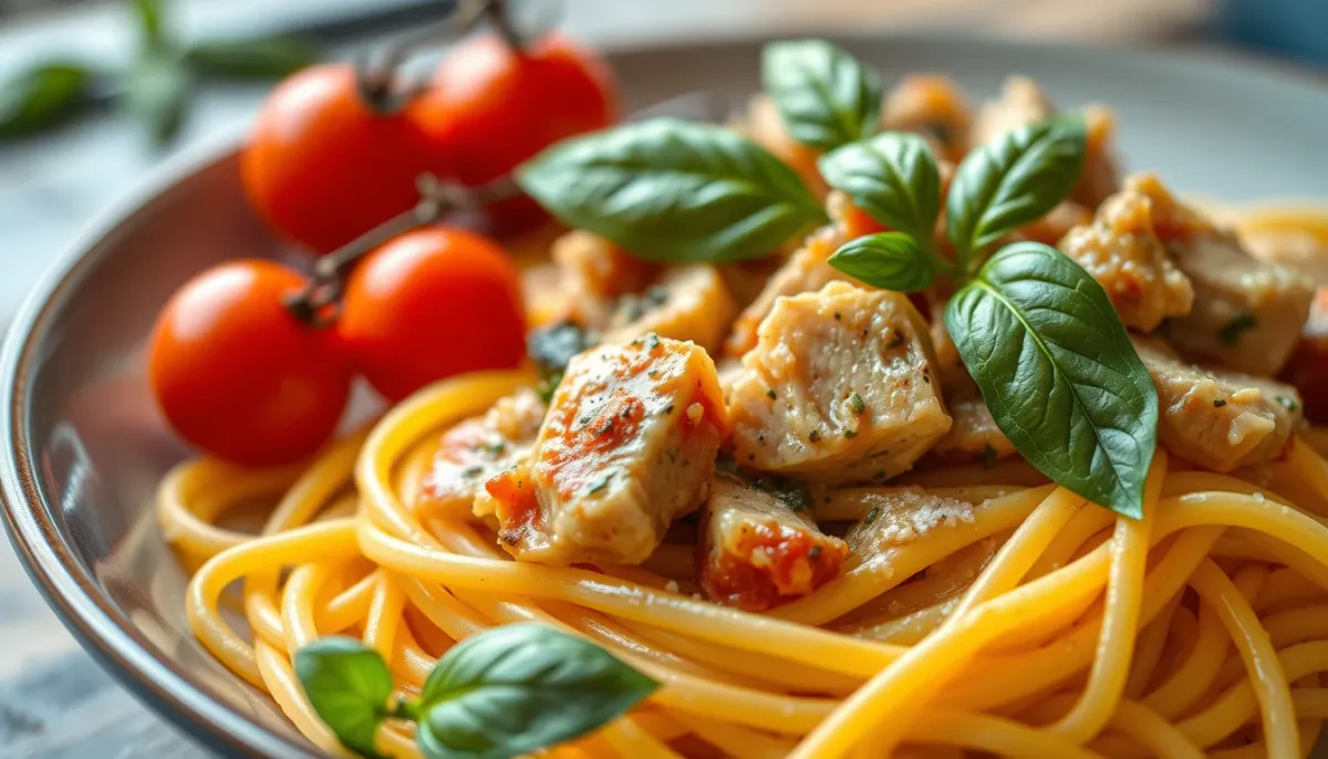 Variante méditerranéenne des pâtes au thon avec tomates cerises et basilic