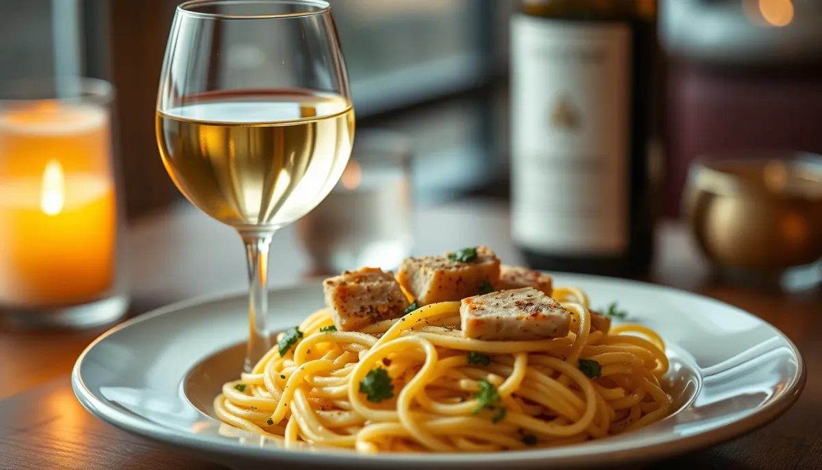 Accord vin et pâtes au thon : verre de vin blanc