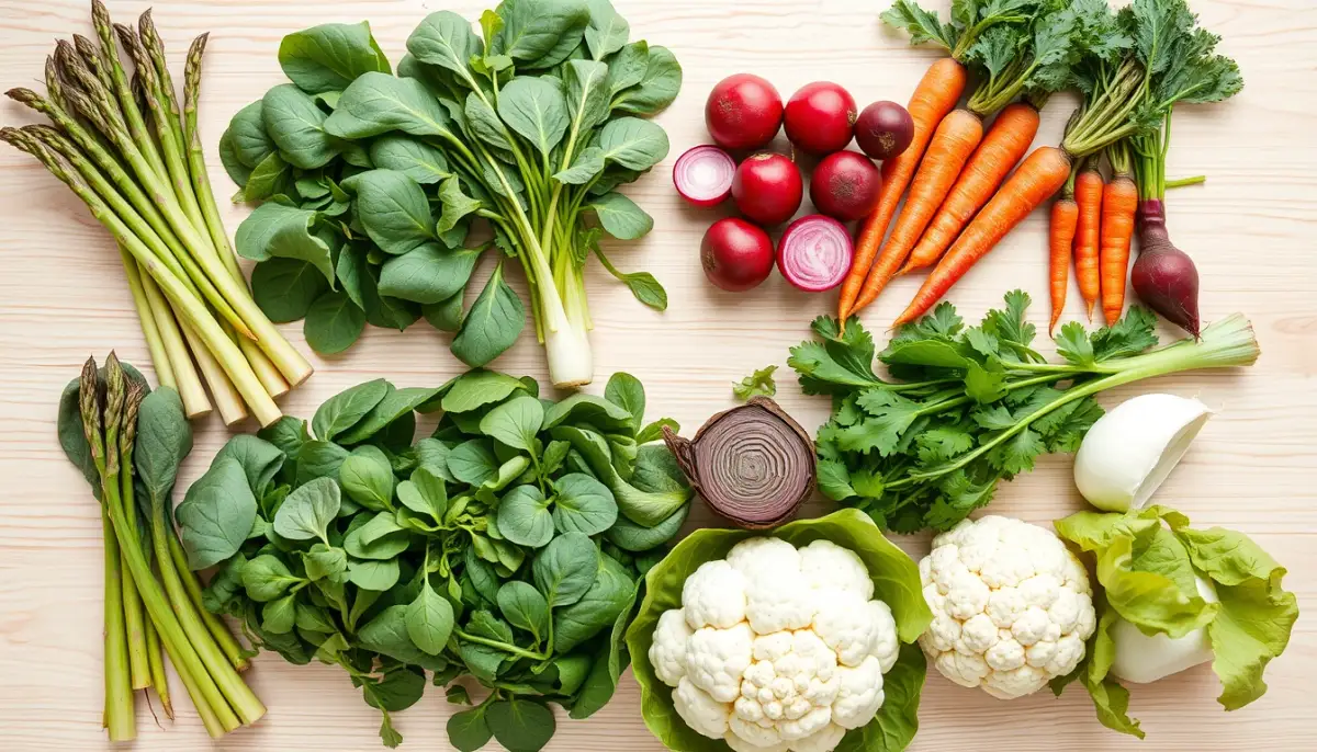 Vue de dessus de dix légumes de saison d'avril disposés en grille sur fond clair