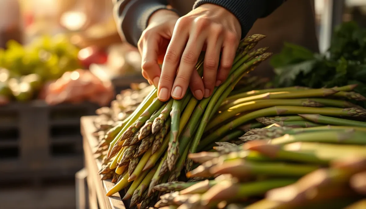 Mains choisissant des asperges fraîches sur un étal de marché
