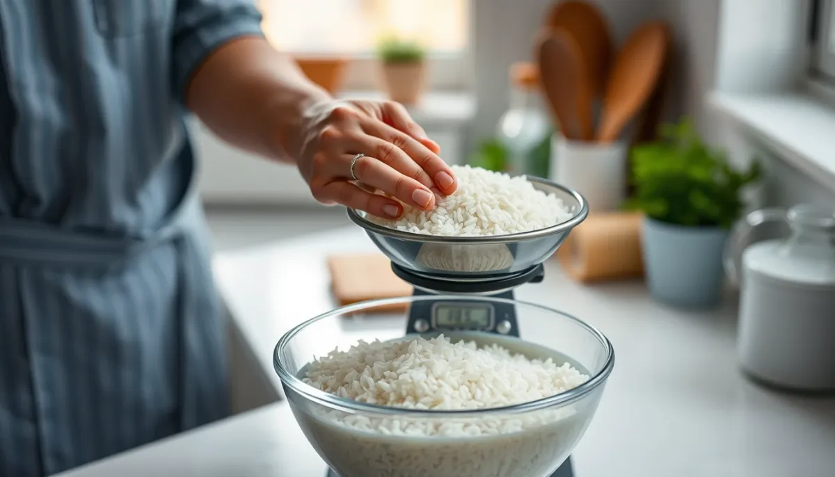Mains versant du riz cru dans un bol posé sur une balance de cuisine pour mesurer la portion par personne