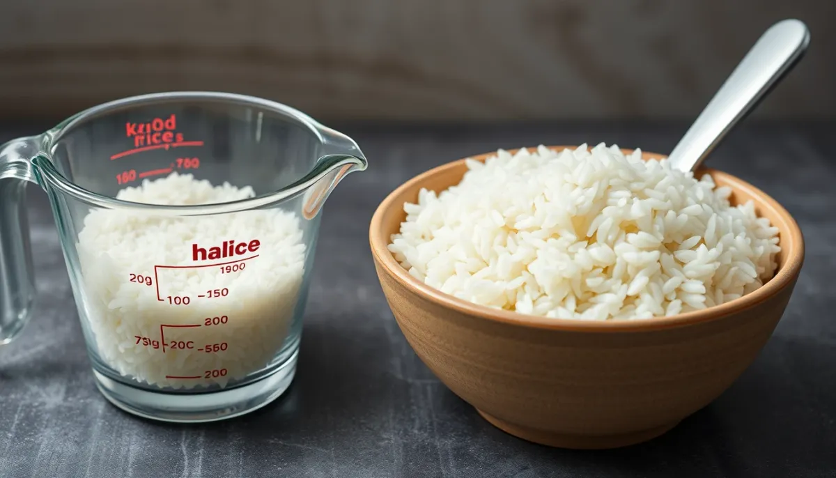 Verre doseur rempli de riz cru à côté d'un bol de riz cuit, montrant la différence de volume