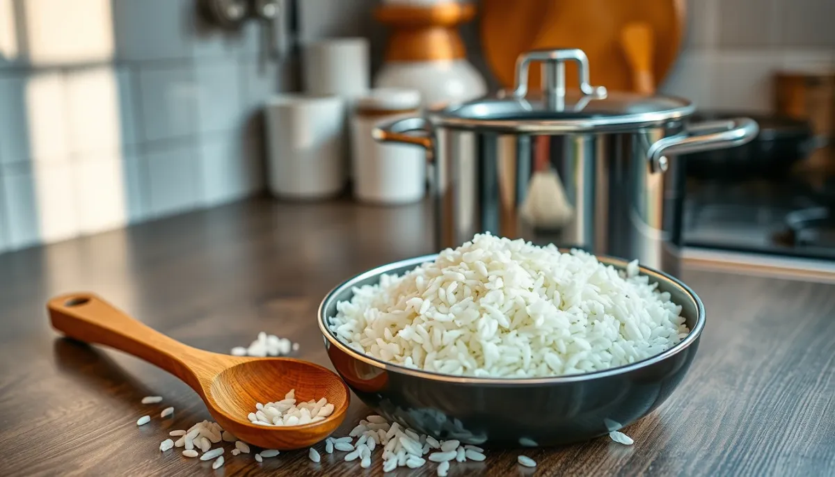 Casserole de riz cuit avec une cuillère en bois, illustrant une cuisson réussie et un bon dosage
