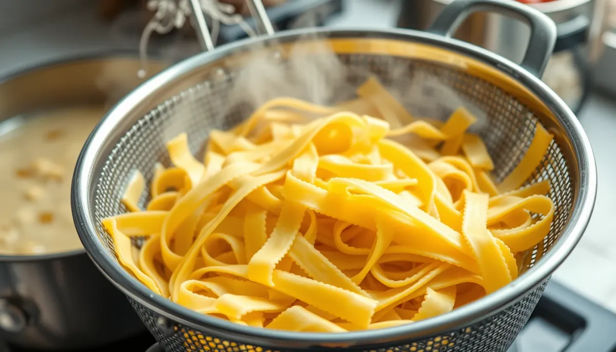 Tagliatelles égouttées dans une passoire, avec eau de cuisson réservée