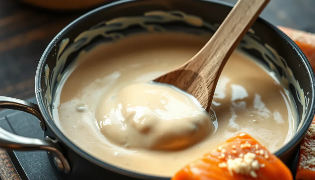Sauce crémeuse au saumon en cours de préparation dans une poêle