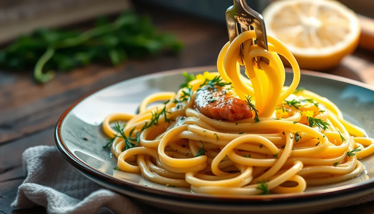 Tagliatelles au saumon servies avec une sauce crémeuse et des herbes fraîches