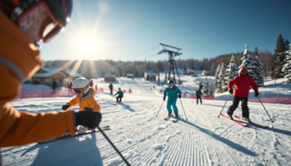 Skieurs sur les pistes ensoleillées de la station de Chalmazel en hiver