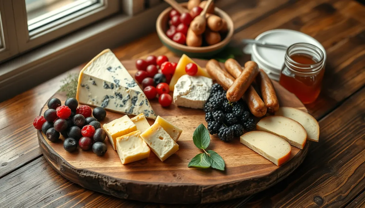 Plateau de produits du terroir du Forez avec fourme de Montbrison, charcuterie et myrtilles