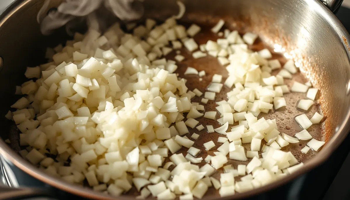 Échalotes finement ciselées en train de suer dans une casserole