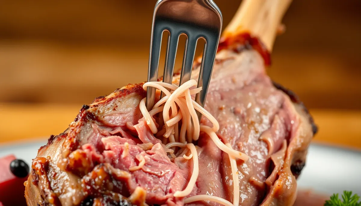 Test de cuisson de la souris d'agneau : une fourchette s'enfonce facilement dans la viande qui s'effiloche