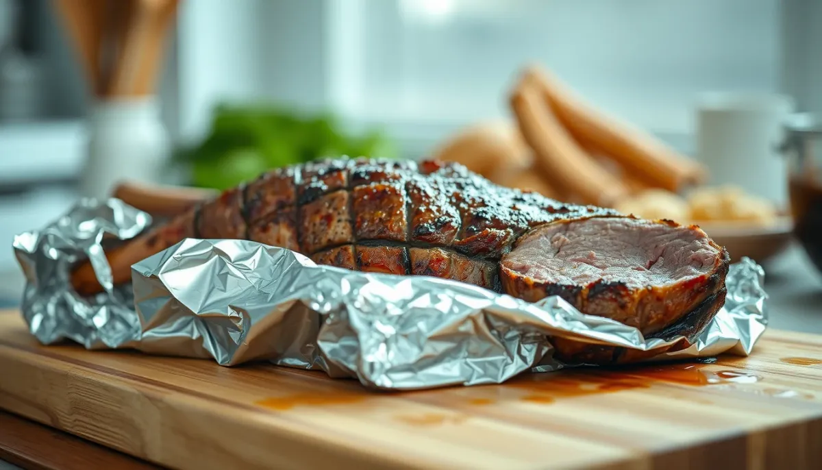 Souris d'agneau reposant sous une feuille d'aluminium après cuisson