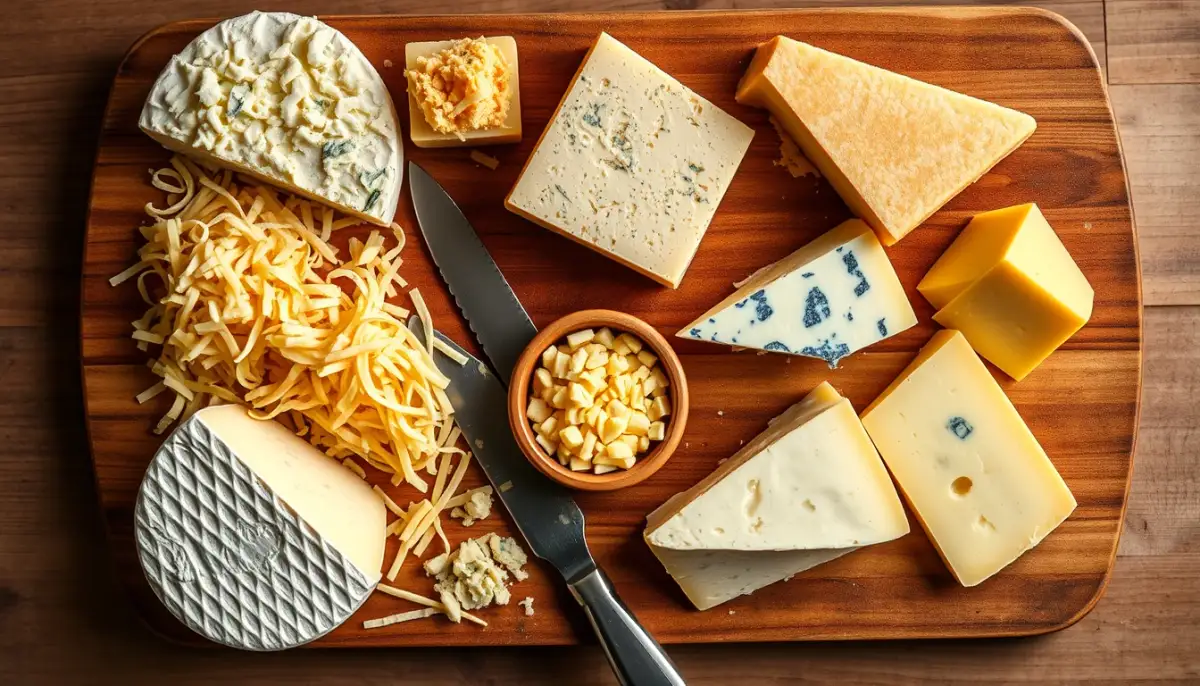 Plateau de fromages variés pour tarte au fromage : emmental râpé, comté, chèvre, bleu et tomme