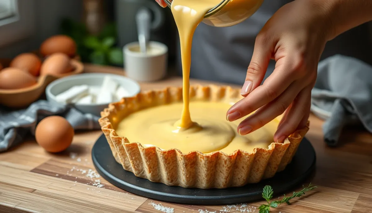 Appareil à fromage versé sur une pâte à tarte dans un moule