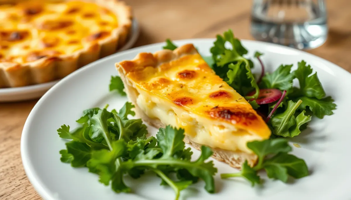 Part de tarte au fromage accompagnée d'une salade verte