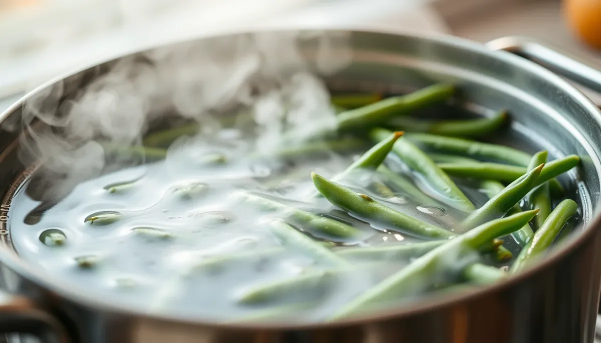 Haricots verts frais plongés dans une casserole d'eau bouillante