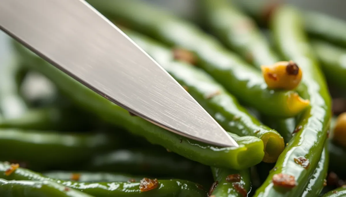 Test de cuisson d'un haricot vert avec la pointe d'un couteau