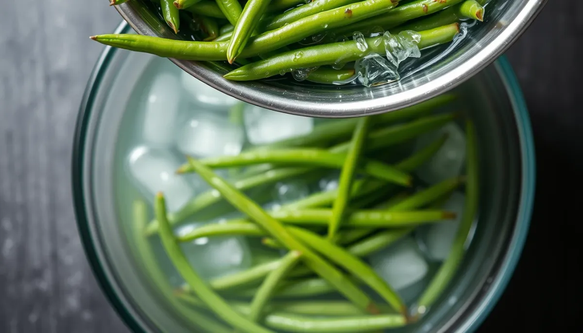 Haricots verts cuits plongés dans un bain d'eau glacée pour fixer la couleur