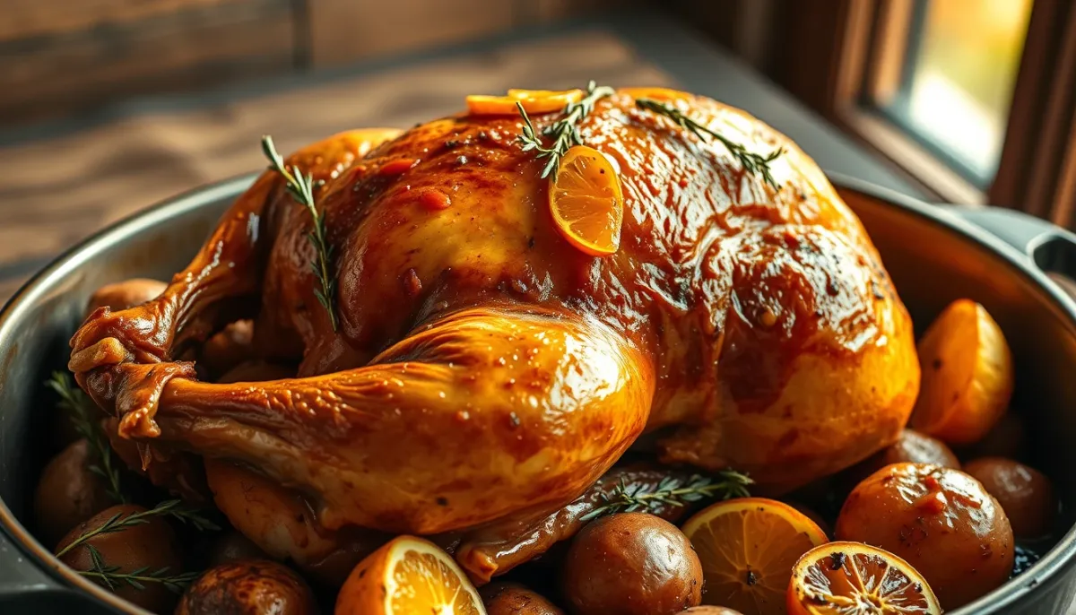 Volaille rôtie aux clémentines et miel avec pommes de terre rôties dans un plat