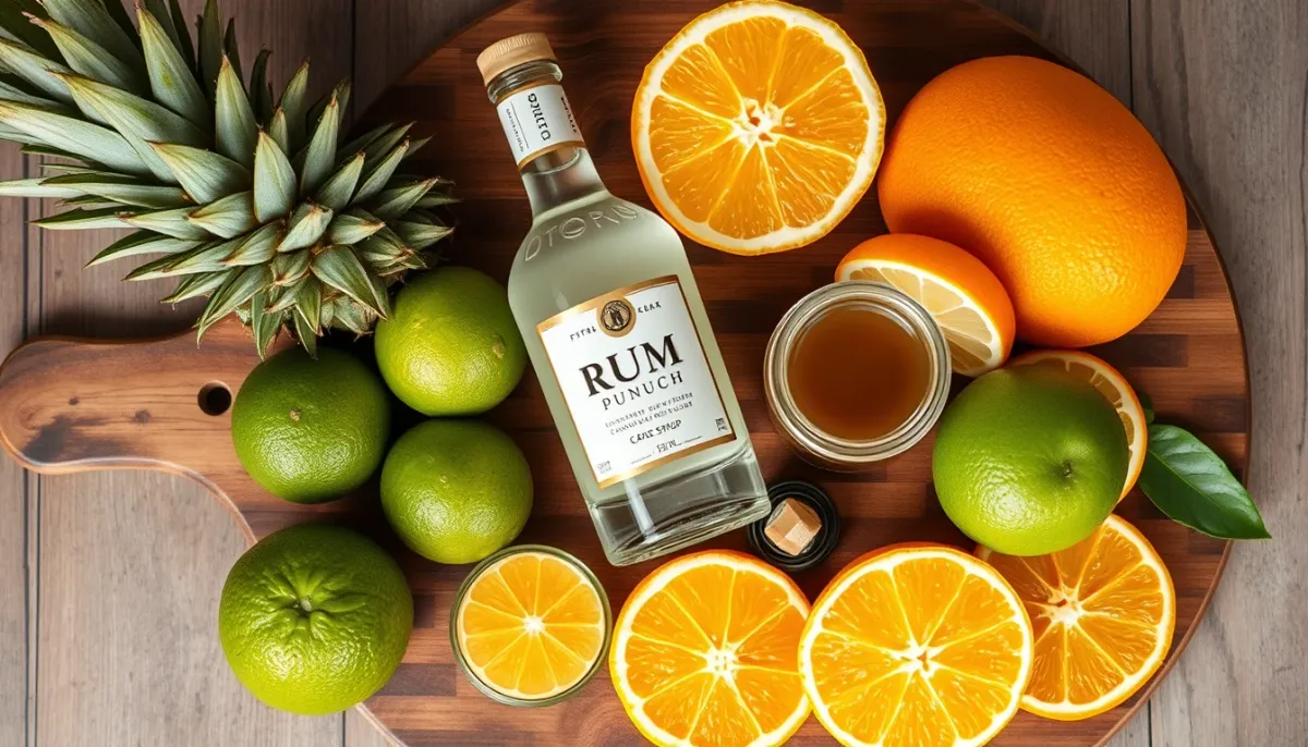 Ingrédients frais pour punch maison : agrumes, ananas, rhum et sirop
