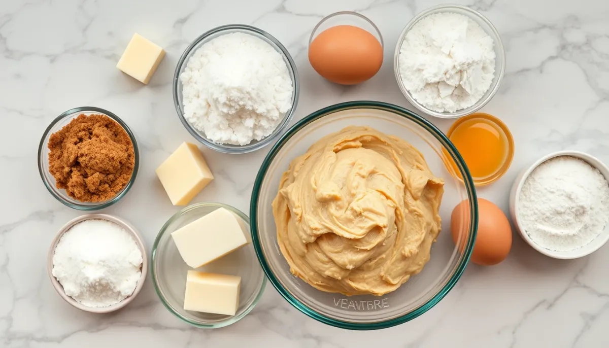 Ingrédients pour cookies moelleux : cassonade, sucre blanc, beurre, œufs et farine