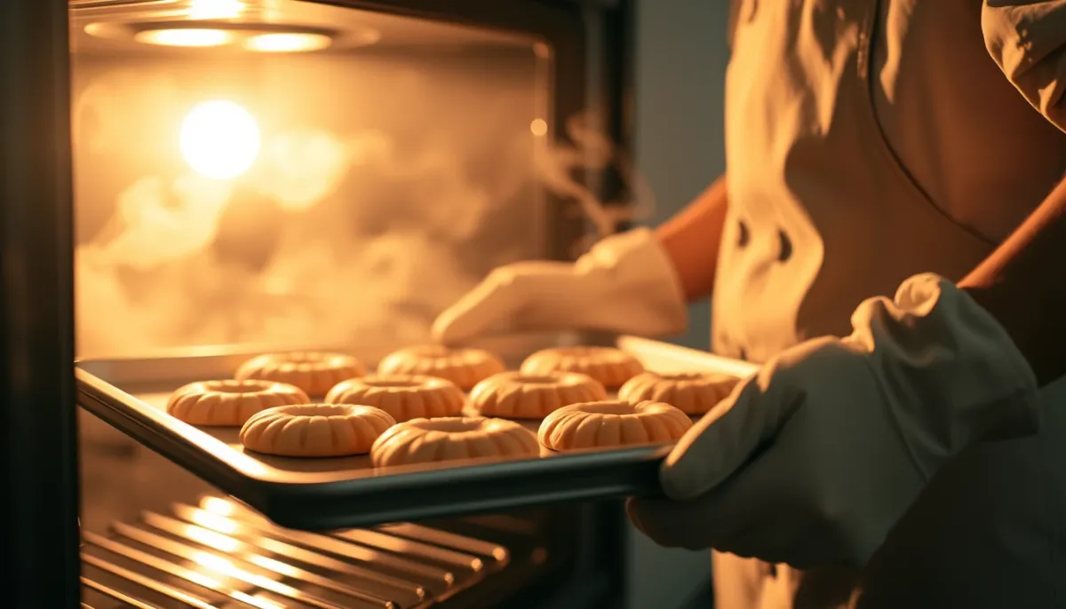 Sortie des cookies du four avec des bords dorés et un centre encore pâle