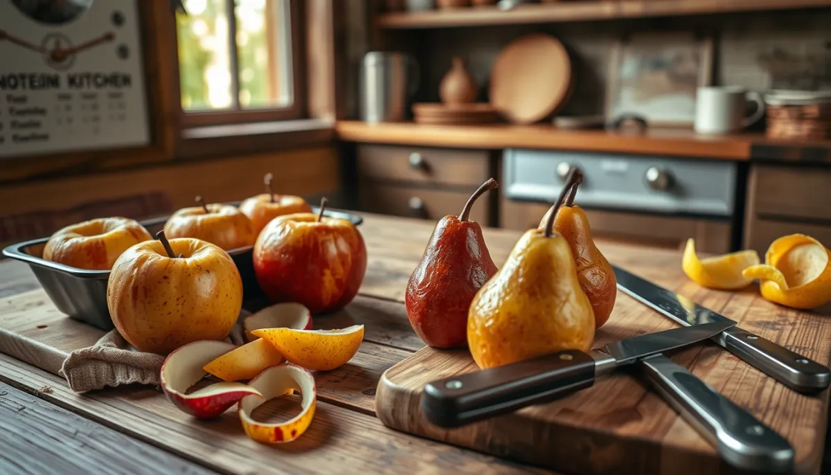 Pommes au four et poires pochées sur une table en bois dans une cuisine