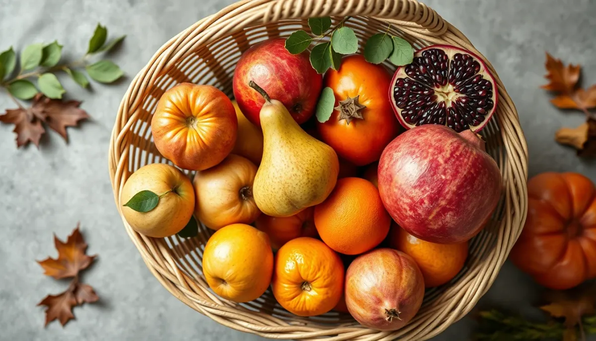 Panier de marché rempli de fruits de saison de novembre : pommes, poires, clémentines et grenades