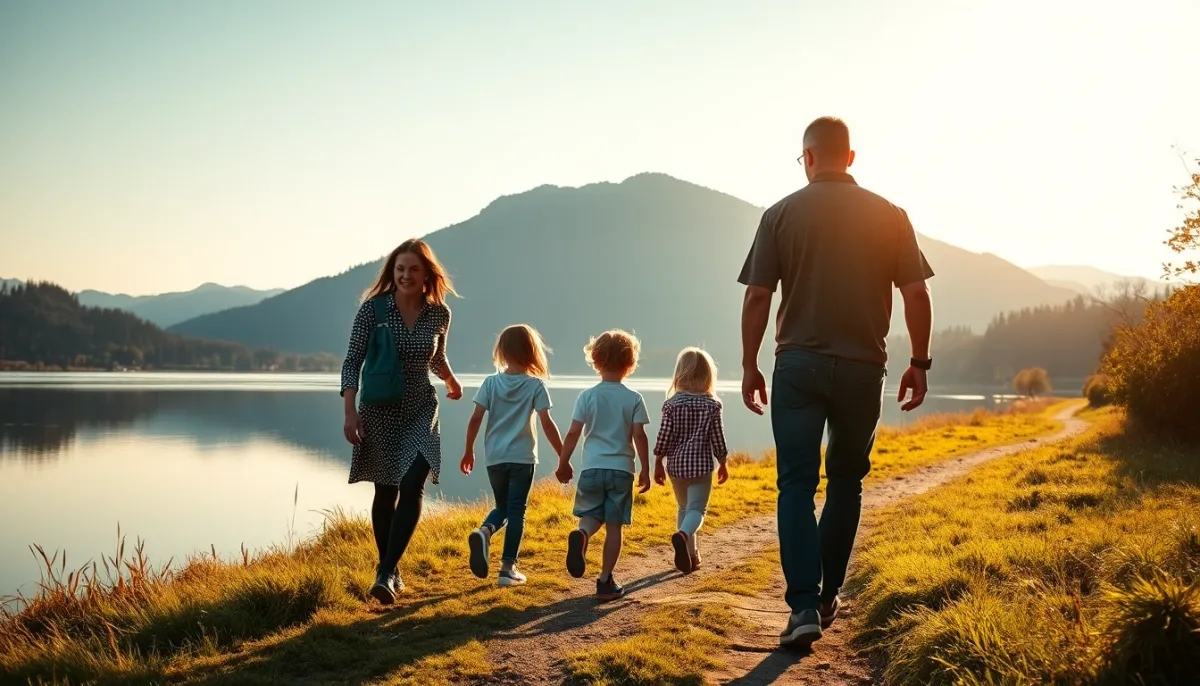 Famille se promenant sur un sentier facile autour du barrage du Gouffre d'Enfer