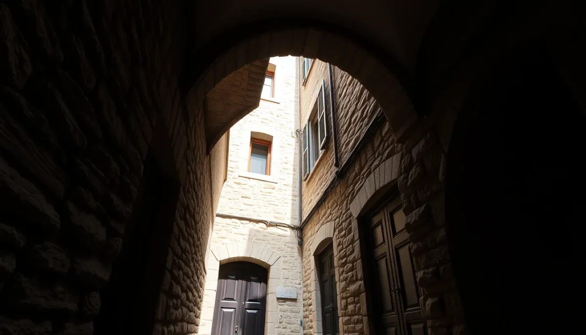 Traboule étroite du Vieux Lyon avec ses murs en pierre et ses portes anciennes