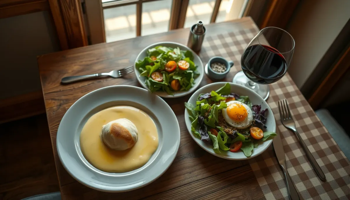 Table de bouchon lyonnais avec quenelle de brochet, salade lyonnaise et verre de vin rouge
