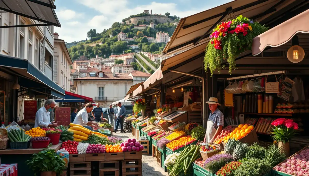 Marché animé de la Croix-Rousse à Lyon avec ses étals colorés de produits frais